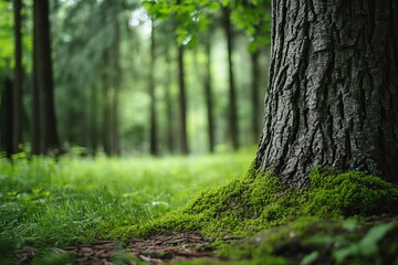 Naklejka premium Tranquil forest scene with tree trunk covered in moss and lush green grass, perfect for nature backgrounds, wellness, and peaceful retreat concepts