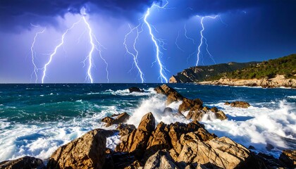 Dramatic storm over ocean rocks