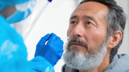 Medical Test: Medical professional performs a nasal swab test, a standard diagnostic procedure, emphasizing healthcare and safety measures amid a pandemic, against the background. - Powered by Adobe