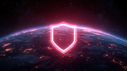 A futuristic data encryption system visualized as a neon-glowing shield over Earth 