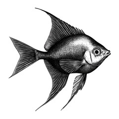 Long-Finned Angelfish Engraving - Graceful Aquarium Art