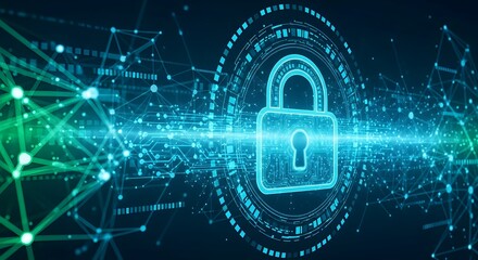 Obraz premium Cybersecurity network protection, digital lock securing data flow.