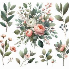 Watercolor floral illustration bouquet set - green leaves, pink peach blush white flowers branches. Wedding invitations, greetings, wallpapers, fashion, prints. Eucalyptus, olive, peony, rose