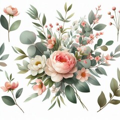 Watercolor floral illustration bouquet set - green leaves, pink peach blush white flowers branches. Wedding invitations, greetings, wallpapers, fashion, prints. Eucalyptus, olive, peony, rose
