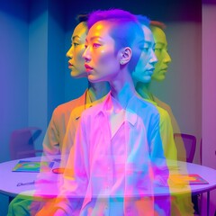 Colorful double exposure portrait with vibrant rainbow light overlays.
