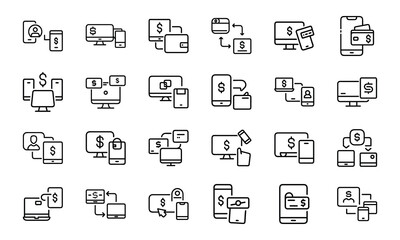Modern line icons illustrating various mobile and digital payment methods and transactions