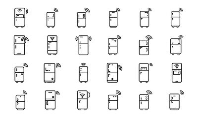 Collection of illustrated smart fridges with wireless connection icons in minimalist outline style