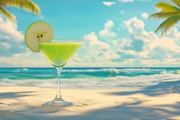 Green cocktail with  slice on a tropical beach.