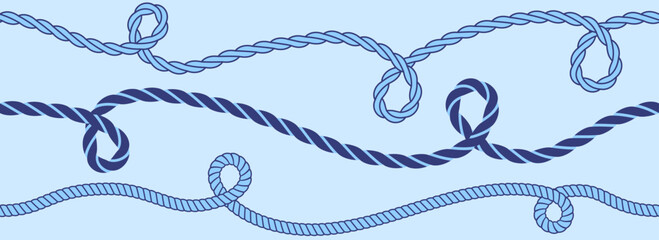 Seamless blue wavy rope pattern. Repeating hemp cord stripes background. Nautical repeated braid wallpaper. Marine twine hemp cord motif. Chain, wire or plait loop stripes bundle. Vector © vika_k