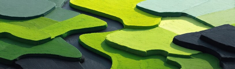 Abstract Topography, A Textured Landscape of Green and Black Forms Suggesting Fields and Waterways
