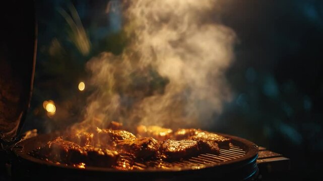 Barbecue Feast: An overhead shot captures the essence of a backyard cookout as juicy steaks sizzle on the grill, with fragrant smoke billowing upward.