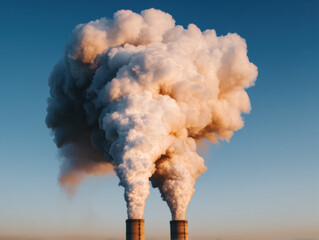 Two industrial chimneys emit thick, white smoke against a clear blue sky, highlighting air pollution and environmental impact.