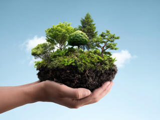 person holds a floating piece of earth with various green trees against a clear blue sky.