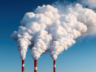 Three industrial chimneys emit thick white smoke against a clear blue sky, illustrating air pollution and industrial emissions.