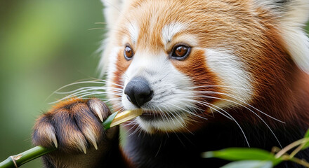 A close-up view of a red panda enjoying a bamboo stalk.
