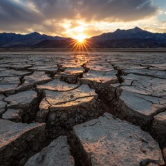 Dried, cracked earth at sunset, mountains beyond