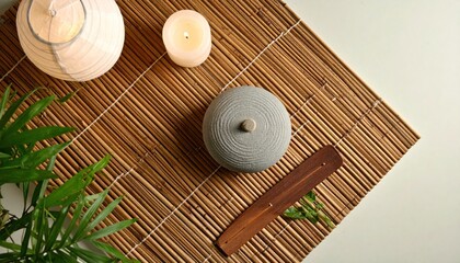Serene Zen Still Life: Candles, Incense, Bamboo Mat, and Tranquility.