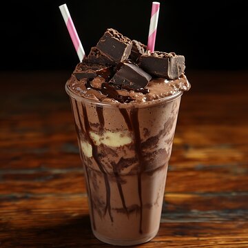 Thick chocolate smoothie with brownie bite topping