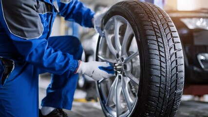 Automotive Wheel Service: A skilled technician in work attire meticulously secures a tire to a car wheel. Expert mechanical service.
