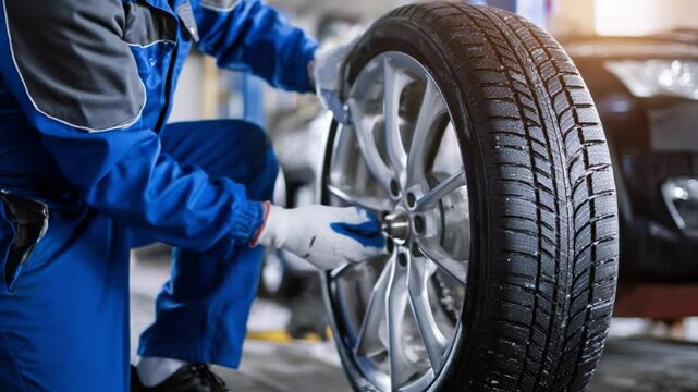 Automotive Wheel Service: A skilled technician in work attire meticulously secures a tire to a car wheel. Expert mechanical service.