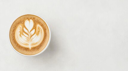 Top view of a cup of latte with beautiful latte art.  Perfect for coffee shop menus, cafe websites, or beverage related content.
