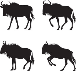 Wildebeest silhouette set vector illustration isolated On Transparent Background
