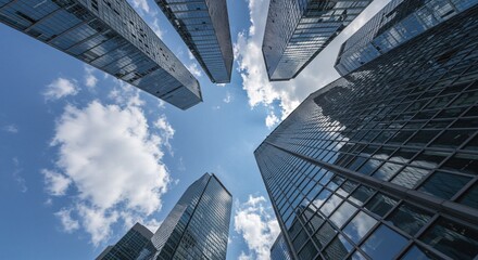 Skyscrapers reaching towards a partly cloudy blue sky in a modern city center