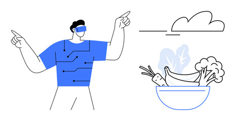 Person wearing VR headset interacts with technology, pointing at virtual cloud. Nearby bowl contains vegetables thumbs up broccoli, bananas, and carrots. Ideal for innovation, health, tech, future
