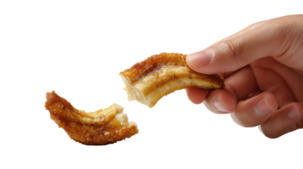 A hand holding a delicious piece of fried banana snack. transparent background