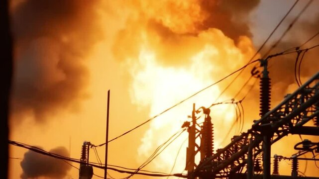 Industrial Inferno: A catastrophic electrical grid failure erupts in a fiery explosion, spewing smoke and destruction. Capturing the immediate aftermath of the devastating inferno.