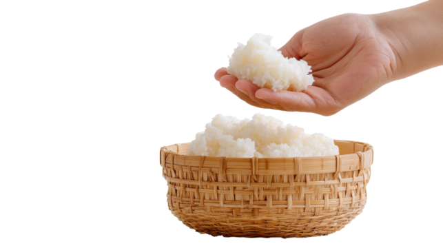 A hand holding fresh, fluffy rice above a woven basket. transparent background