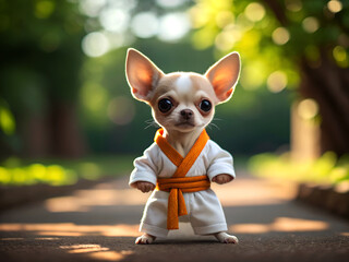 Adorable chihuahua dog dressed in a white karate gi with an orange belt ai generated