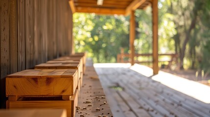 Wooden beehives in a row under a wooden shelter.  Honey production, beekeeping, nature, rural life concept.