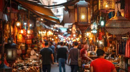 Crowded market alleyway lit by lanterns