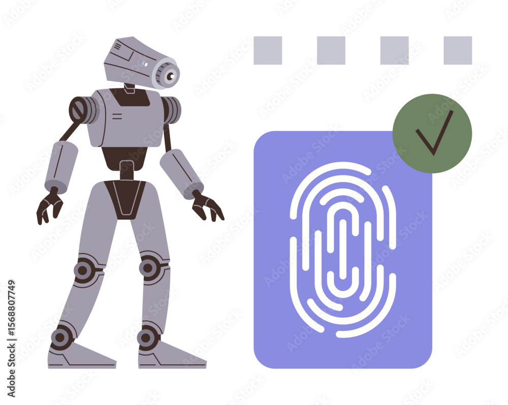 Poster humanoid robot standing beside a fingerprint scanner with a checkmark, representing identity verific