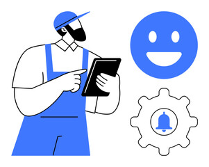 Worker in uniform pointing at a tablet, gear with a notification icon, and a happy happy face. Ideal for productivity, teamwork, workflow, service, app, technology simple landing page