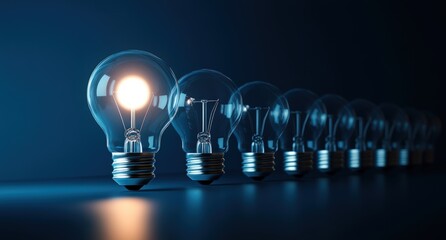 Lit bulb stands out amongst unlit light bulbs