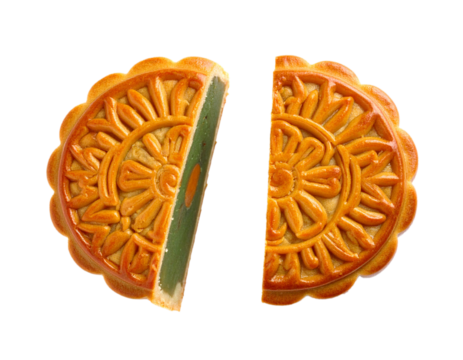 Two halves of traditional Asian mooncake for the Mid-Autumn Festival. Sweet mooncake with egg filling, isolated on white background. 