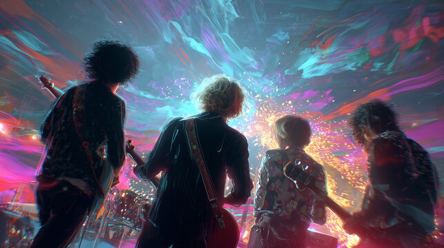 Dynamic rear perspective of a mixed-gender retro rock band performing energetically on stage surrounded by swirling neon lights and vibrant psychedelic colors with sparks flying from guitars and drums