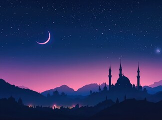 Obraz premium Nightscape Crescent moon over city silhouette