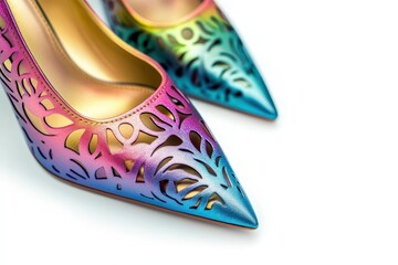 Close-up view of colorful high-heeled shoes.