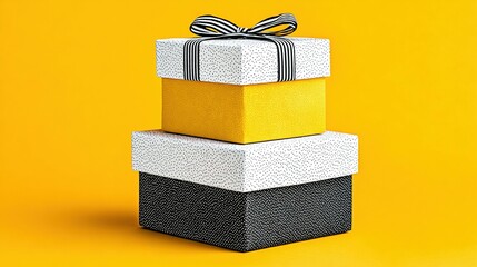 Stacked gift boxes in yellow, white, and black against a bright background.