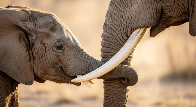 Close-up of a baby elephant touching its trunk to the tusk of an adult elephant, creating a heartwarming moment.