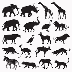 Fototapeta premium Collection of african wildlife silhouettes featuring elephants lions giraffes rhinos zebras and various birds