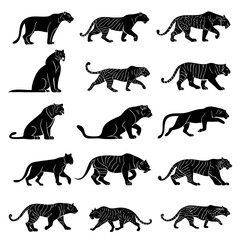 Collection of black silhouette big cats including tigers and panthers in various poses and movements
