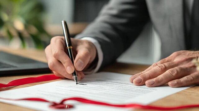 Formal Signature: A person's hand carefully signs a formal document with a sleek pen on a wooden surface, evoking a sense of trust and professionalism.
