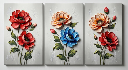 Three panel decorative floral wall art with embossed texture and vibrant colors