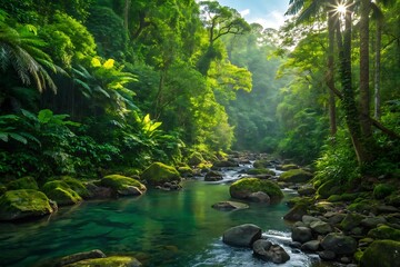 Lush green jungle river flowing over mossy rocks rainforest stream