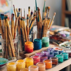 Artist's table with paint and brushes