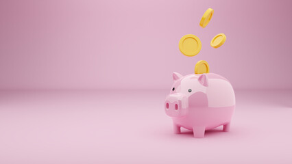 Piggy bank 3d icon with coins isolated on background for money savings and personal finance. Realistic ceramic cute piggybank representing deposit income and wealth retirement. Pink cartoon animal.